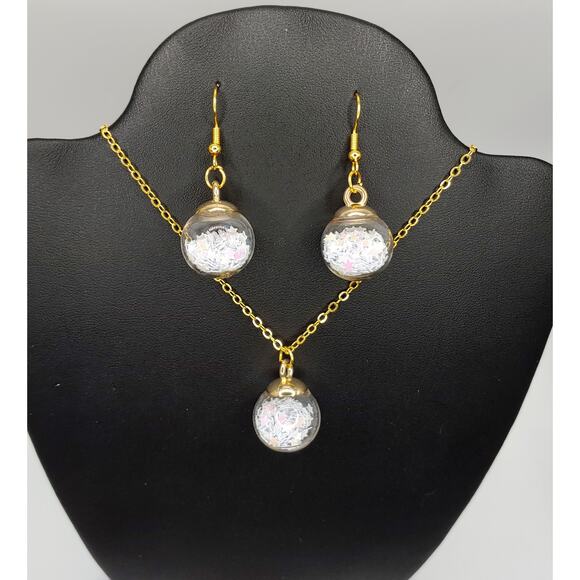 Handmade Iridescent Globe Jewelry Set – Earrings & Necklace, Gold Tone Chain - Picture 2 of 3